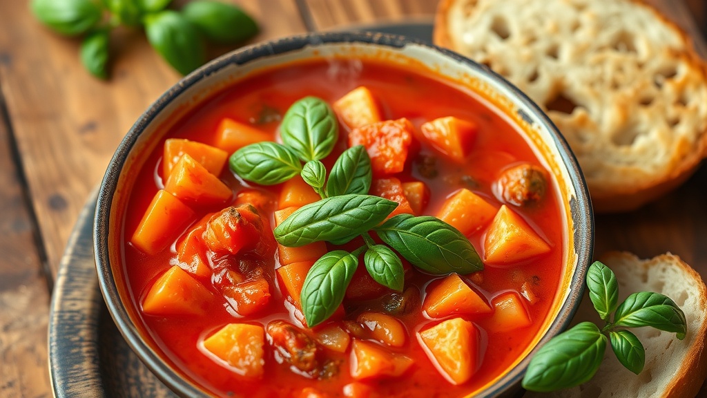 Savory Tomato Stew with Fresh Herbs A bowl of tomato stew with fresh basil on top, served with crusty bread on a wooden table.